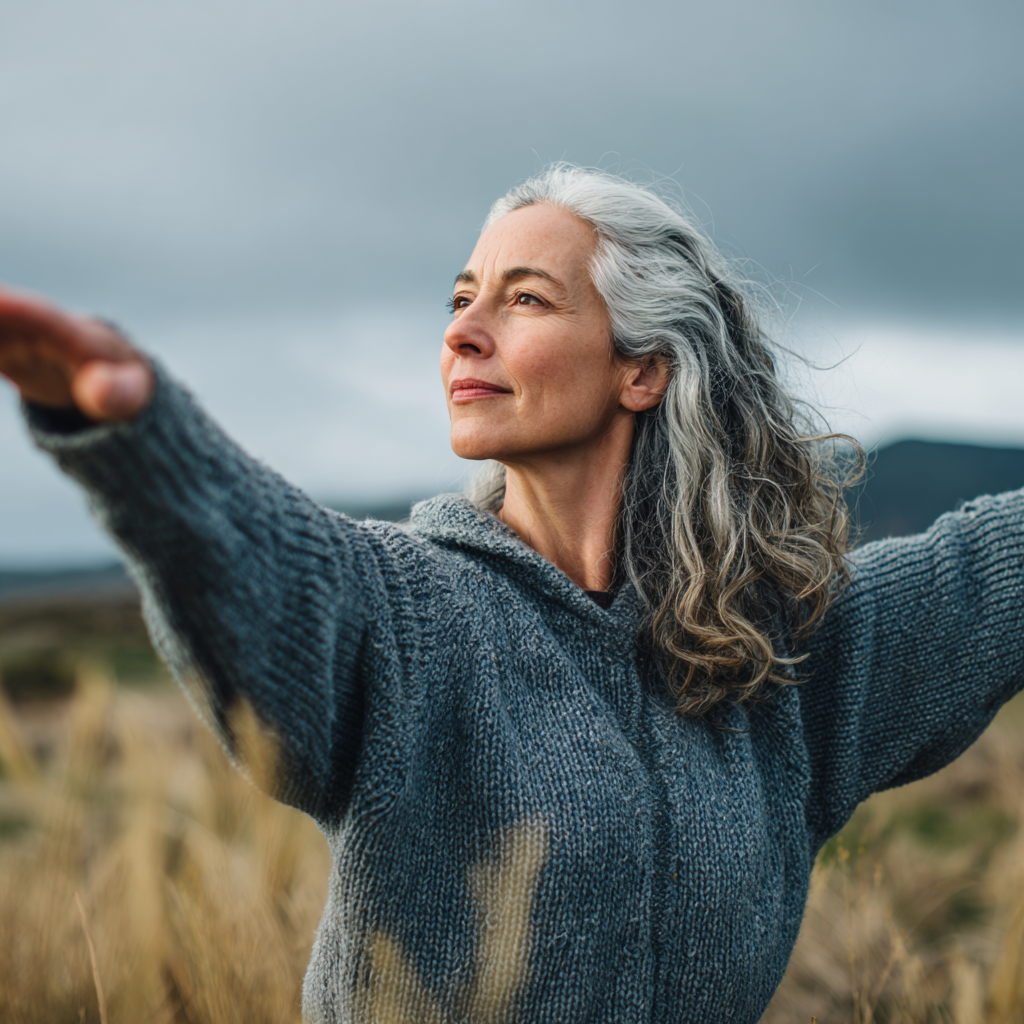 Middle-aged woman practicing gentle movement exercises in natural environment