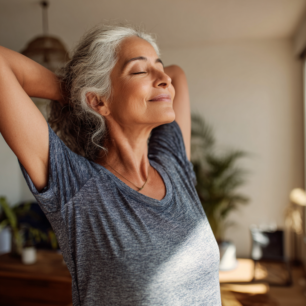 Older adult woman demonstrating gentle stretching exercises at home